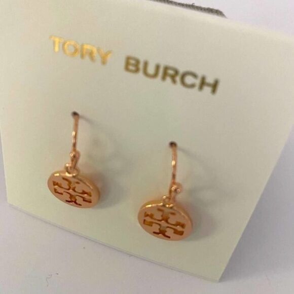 New Tory Burch Rose Gold French Wire Logo Earrings. - Picture 5 of 6